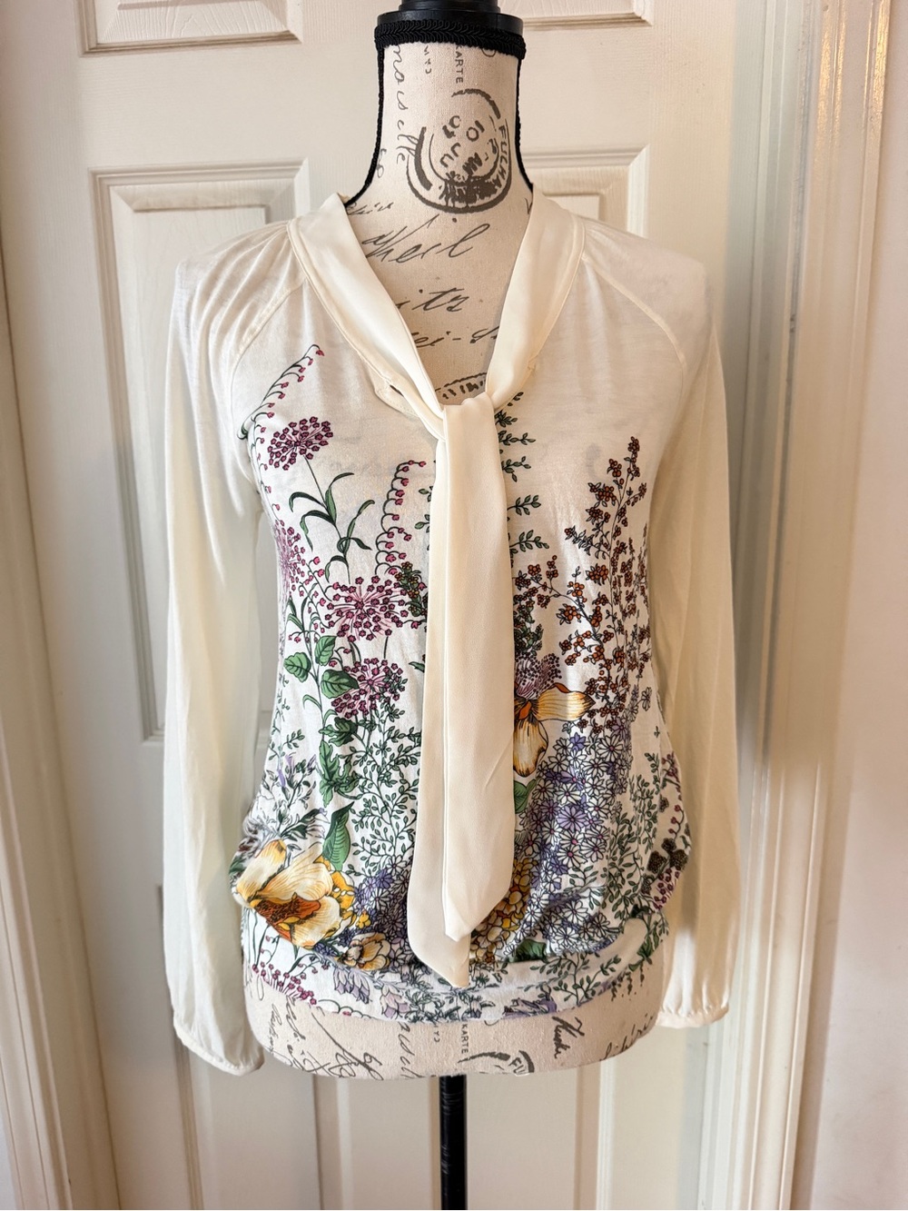 Anthropologie Cream Floral Tie-Neck Blouse